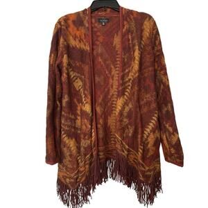 LUCKY BRAND Fringe Openfront Aztec Print Fringe Open Front Cardigan Size Medium